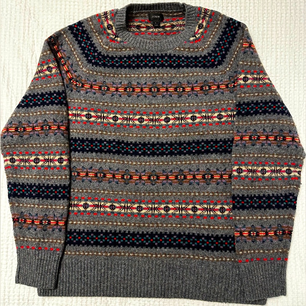 J Crew grey fair isle sweater. 100% lambs wool